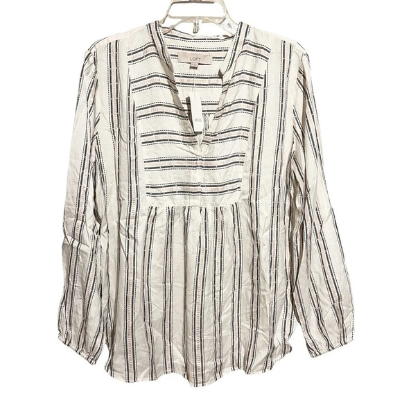 LOFT Blouse NWT Womens Medium White Striped Rayon Balloon Sleeve V Neck - Picture 1 of 11
